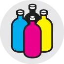 Three colorful bottles in blue, pink, and yellow.